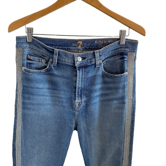 7 For All Mankind High Waist Ankle Skinny Jeans With Silver Shimmer Side Stripe - Picture 3 of 14